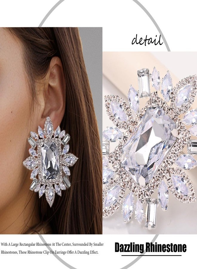 XSBODY Large Silver Rhinestone Clip On Earrings For Women Non Pierced Bling Crystal Statement Earrings Formal Trendy (Silver) - Image 4